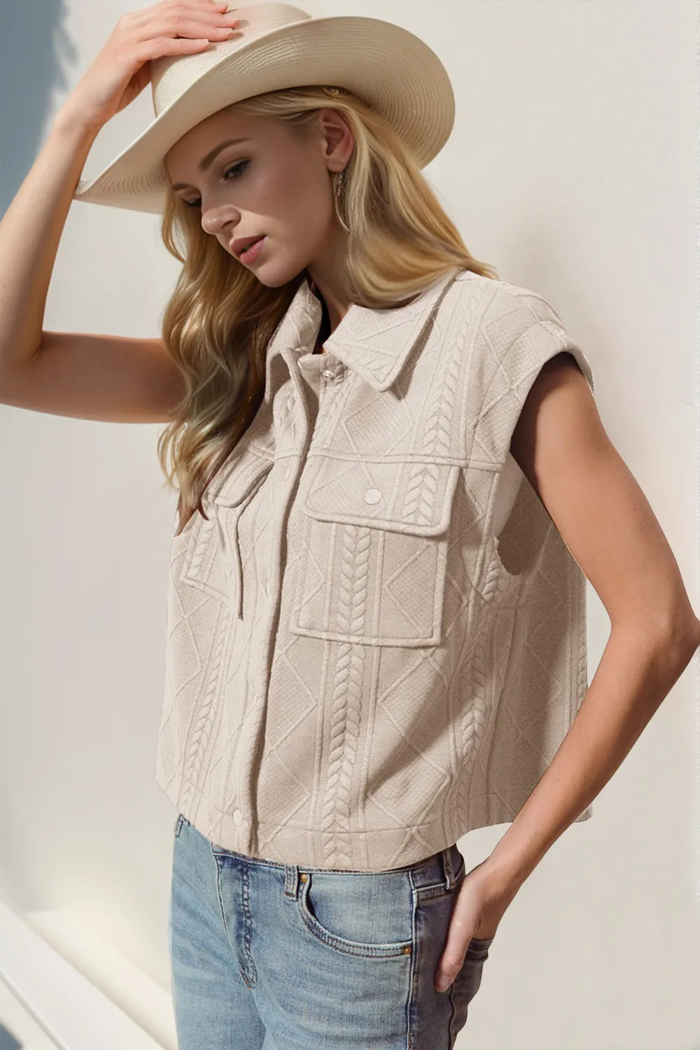 Double Take Snap Down Texture Crop Vest - Dust Storm -