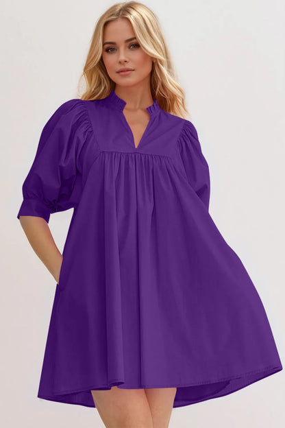 Oh Frill Notched Puff Sleeve Babydoll Mini Dress - Purple -