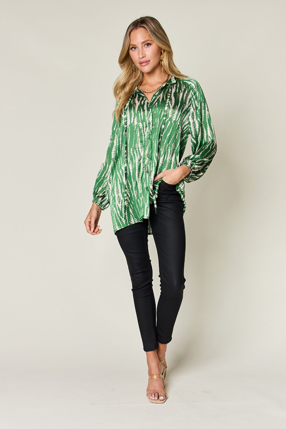 Double Take Full Size Printed Button Up Long Sleeve Shirt - -