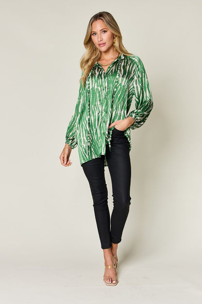 Double Take Full Size Printed Button Up Long Sleeve Shirt - -