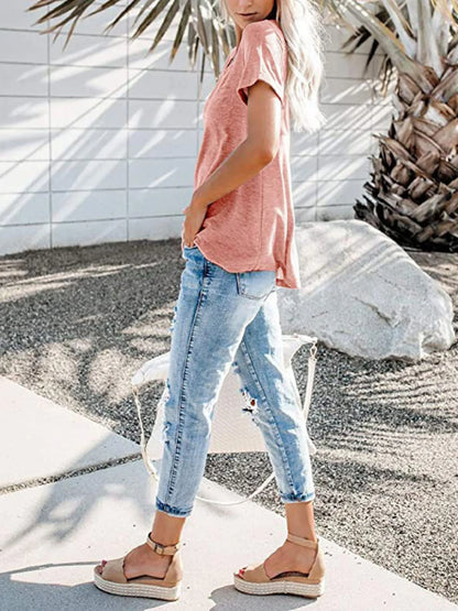 Full Size Notched Short Sleeve T-Shirt Plus Size - -