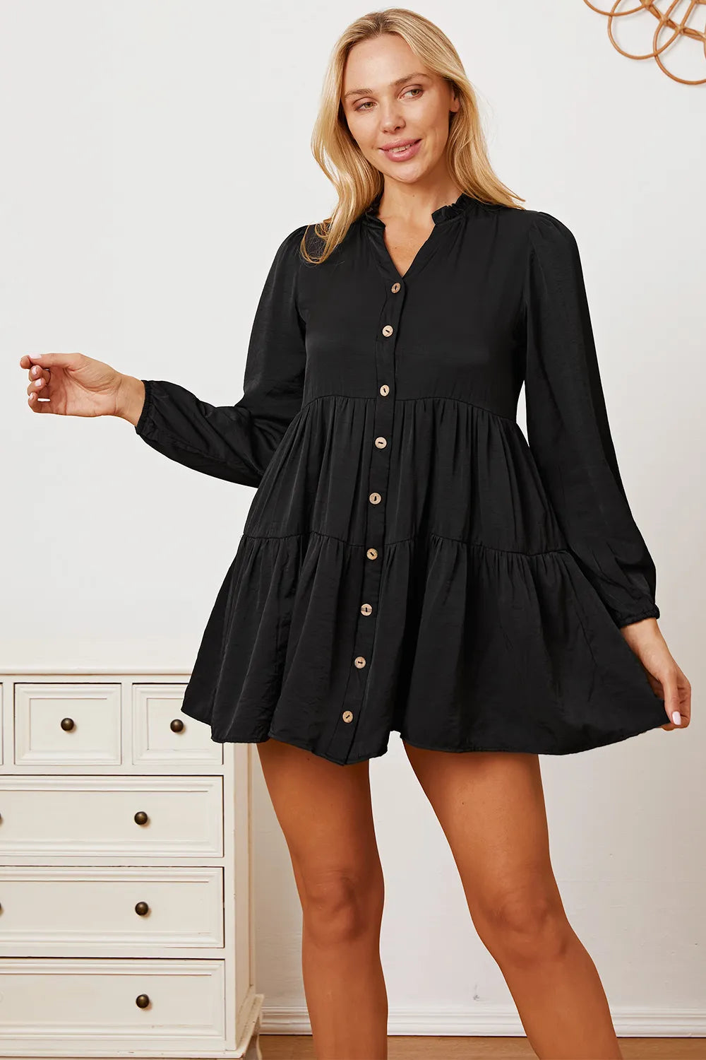 Ruffled Button Up Long Sleeve Tiered Shirt - -