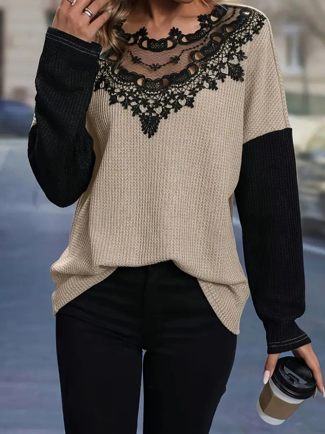 Contrast Lace Round Neck Long Sleeve T-Shirt - -
