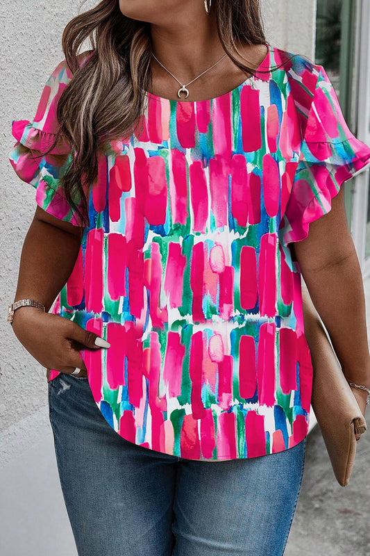 Plus Size Printed Round Neck Petal Sleeve Blouse - Hot Pink -