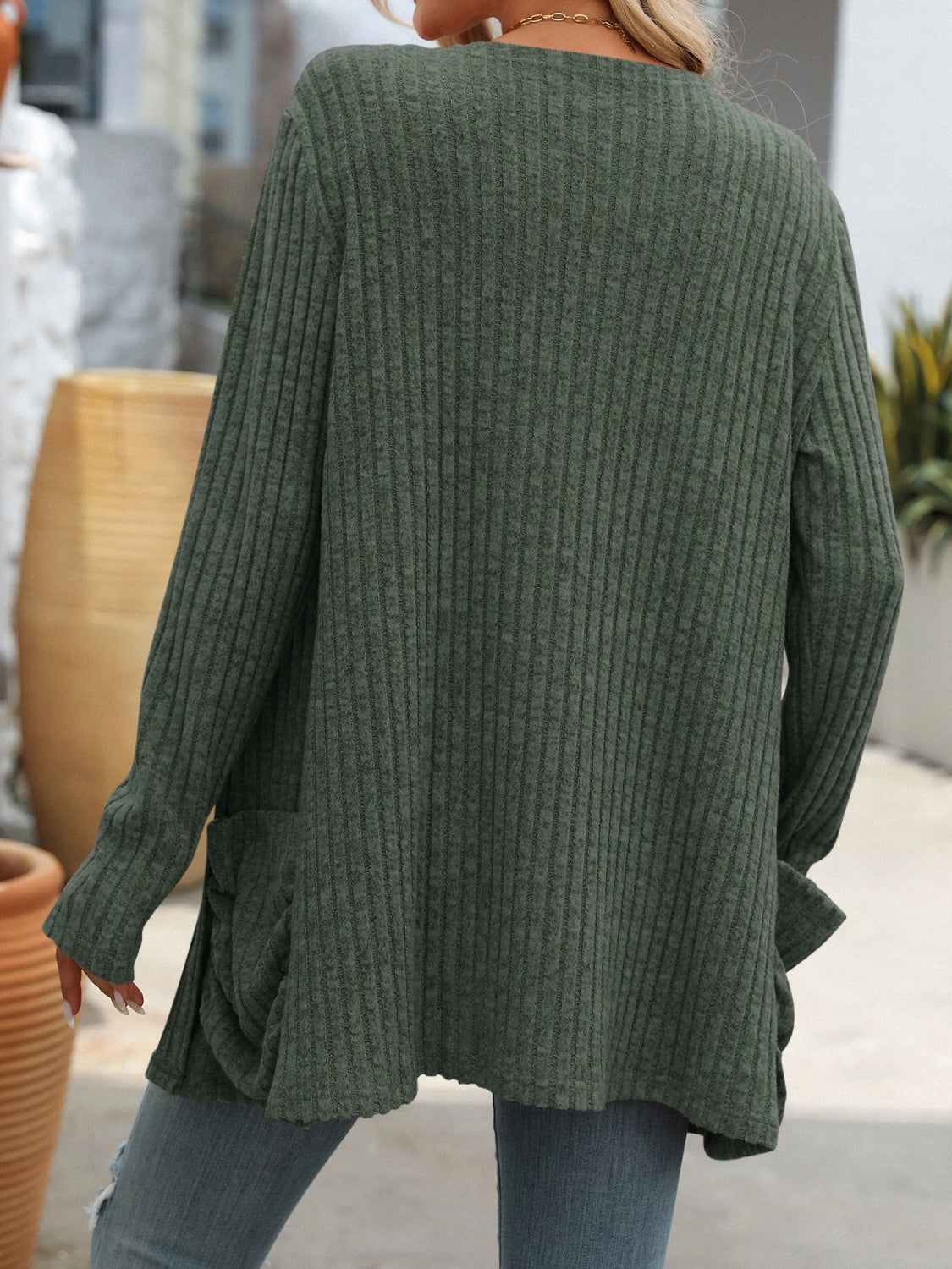 Open Front Long Sleeve Ribbed Cardigan