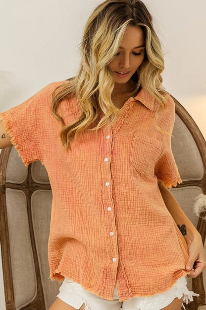 BiBi Mineral Washed Buttoned Up Shirt Top - -