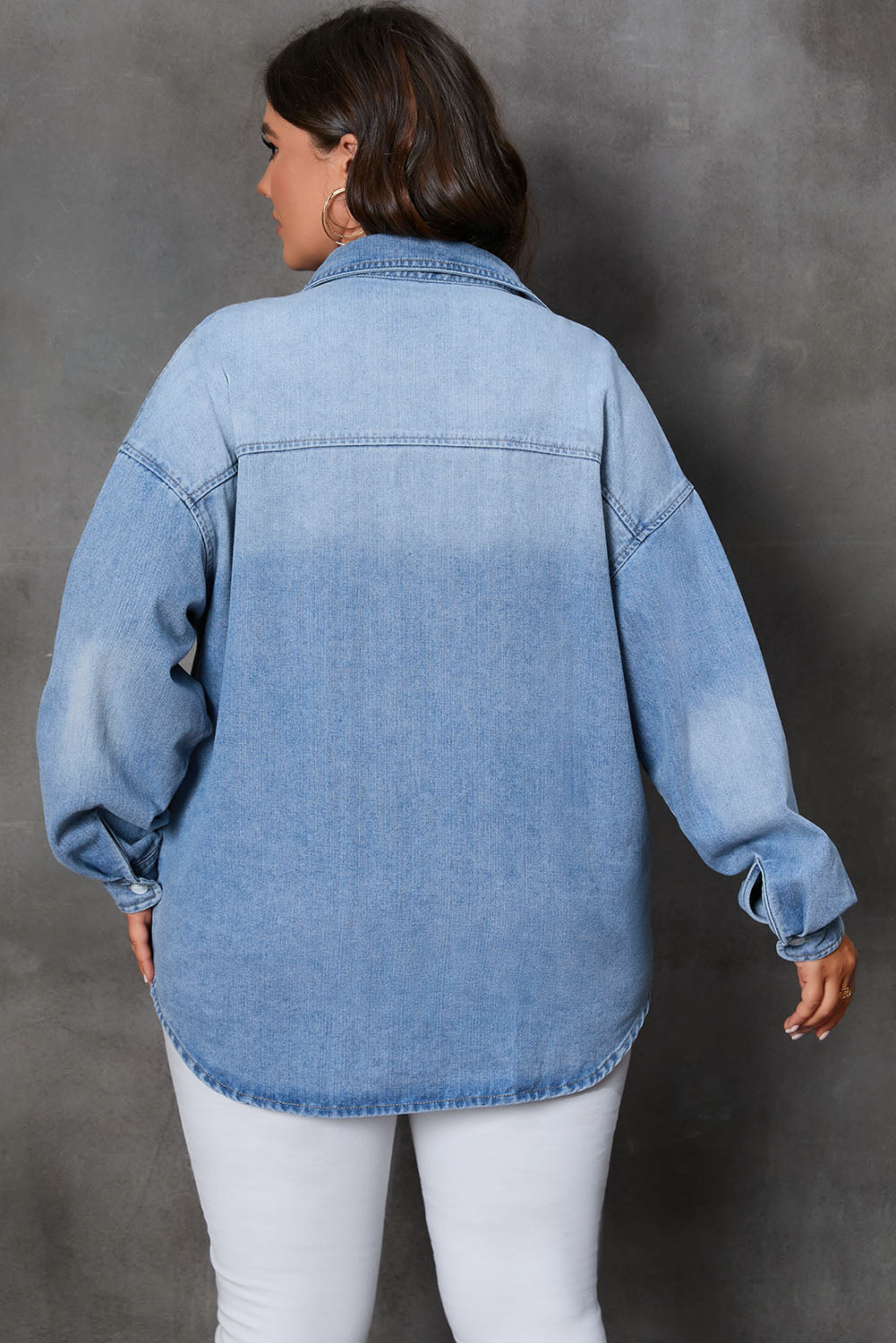 Plus Size Button Up Pocketed Denim Top - -