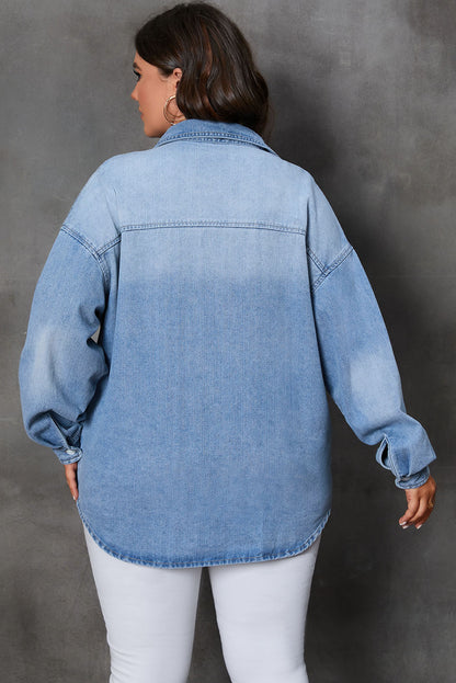 Plus Size Button Up Pocketed Denim Top - -