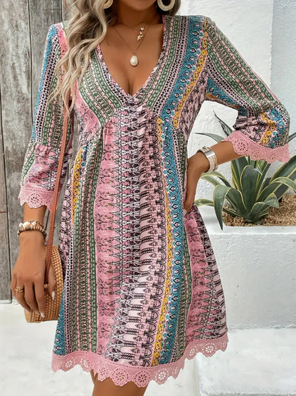 Lace Trim Printed V-Neck 3/4 Sleeve Dress - Blush Pink -