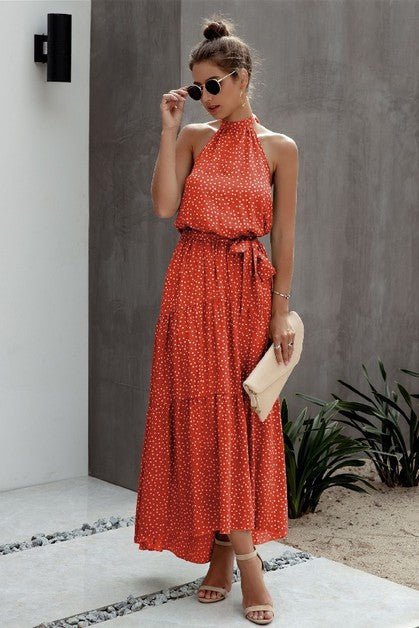 Tie Back Polka Dot Ruffle Hem Halter Dress – | Shannon’s Chique Boutique