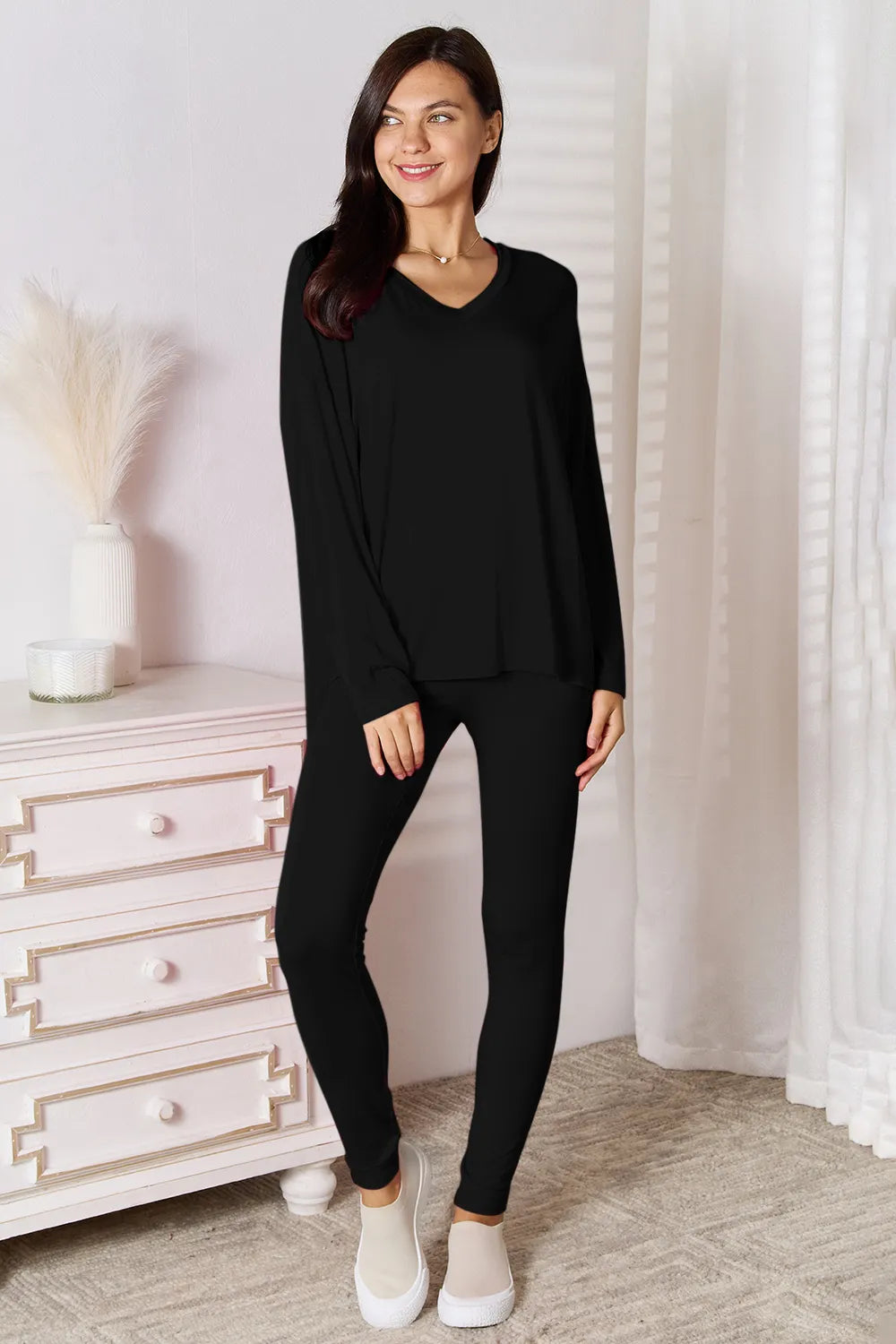 Basic Bae Bamboo Full Size V-Neck Long Sleeve Top and Pants Lounge Set - Black -