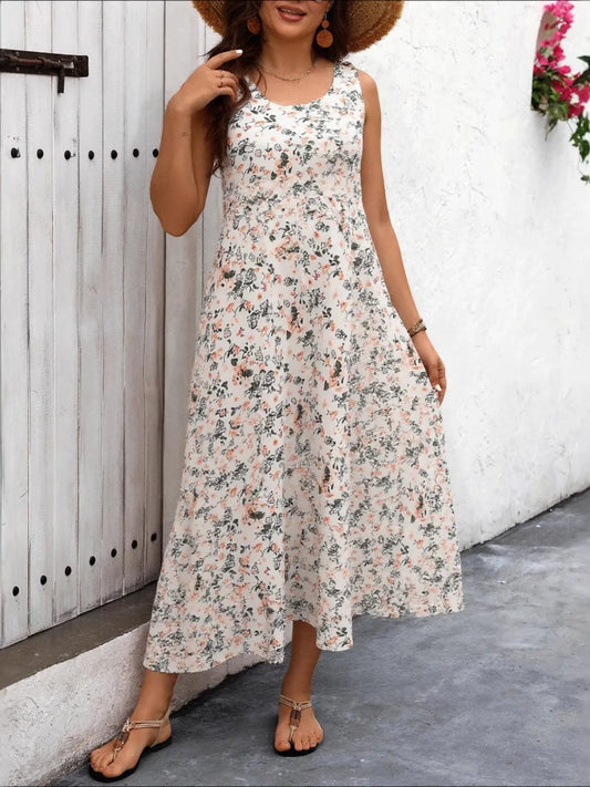 Pretty Chique Boutique Dress – Plus Size Floral Tank Dress with Pockets - Dust Storm -