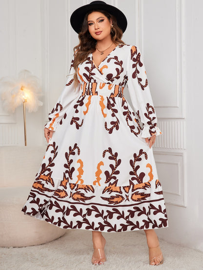 Honey Plus Size Printed Surplice Flounce Sleeve Dress - -