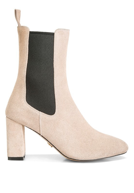 Beige suede ankle boot with block heel and black elastic side panel for easy slip-on.