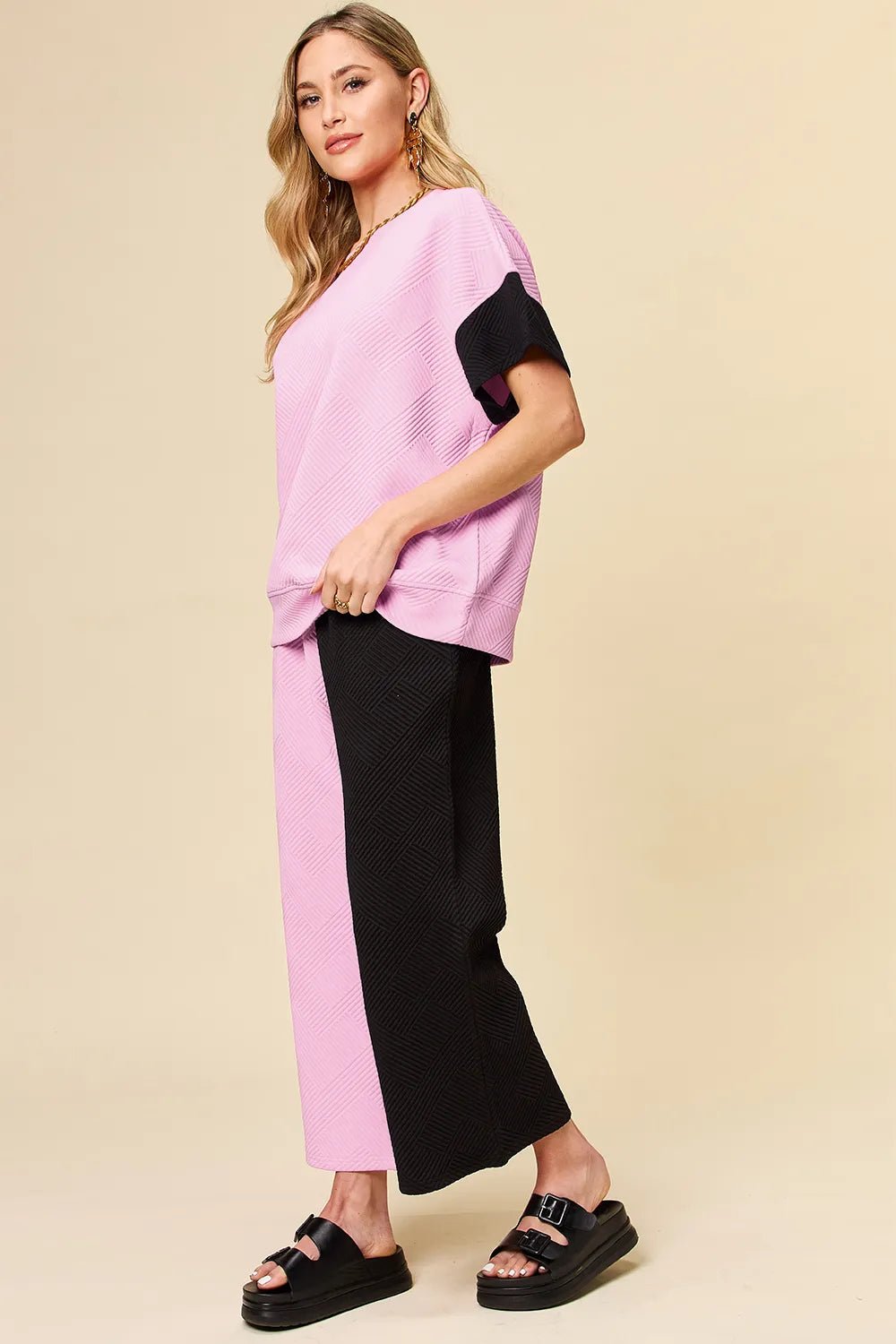 Double Take Full Size Texture Contrast T-Shirt and Wide Leg Pants Set - -