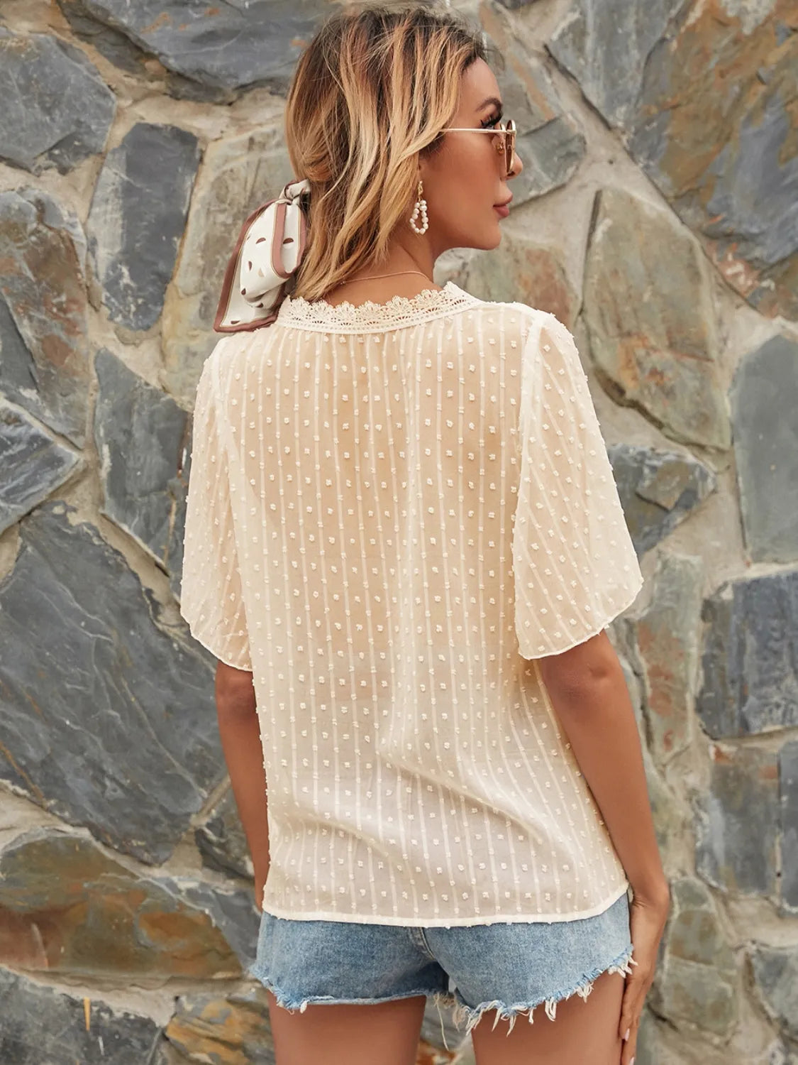 Lace Detail V-Neck Siwss Dot Blouse - -