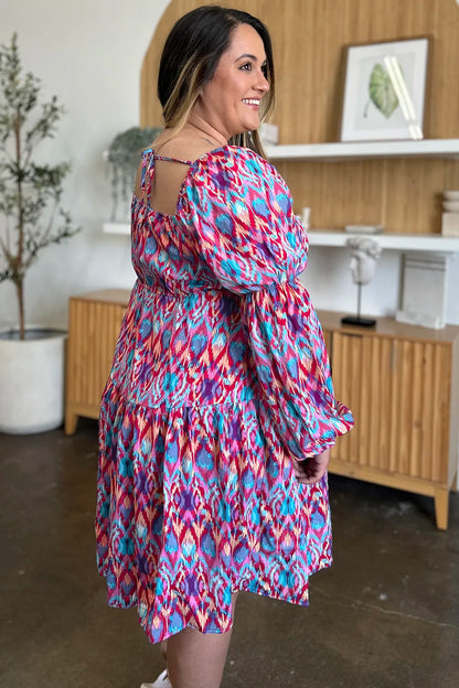 Double Take Full Size Printed Long Sleeve Dress - -