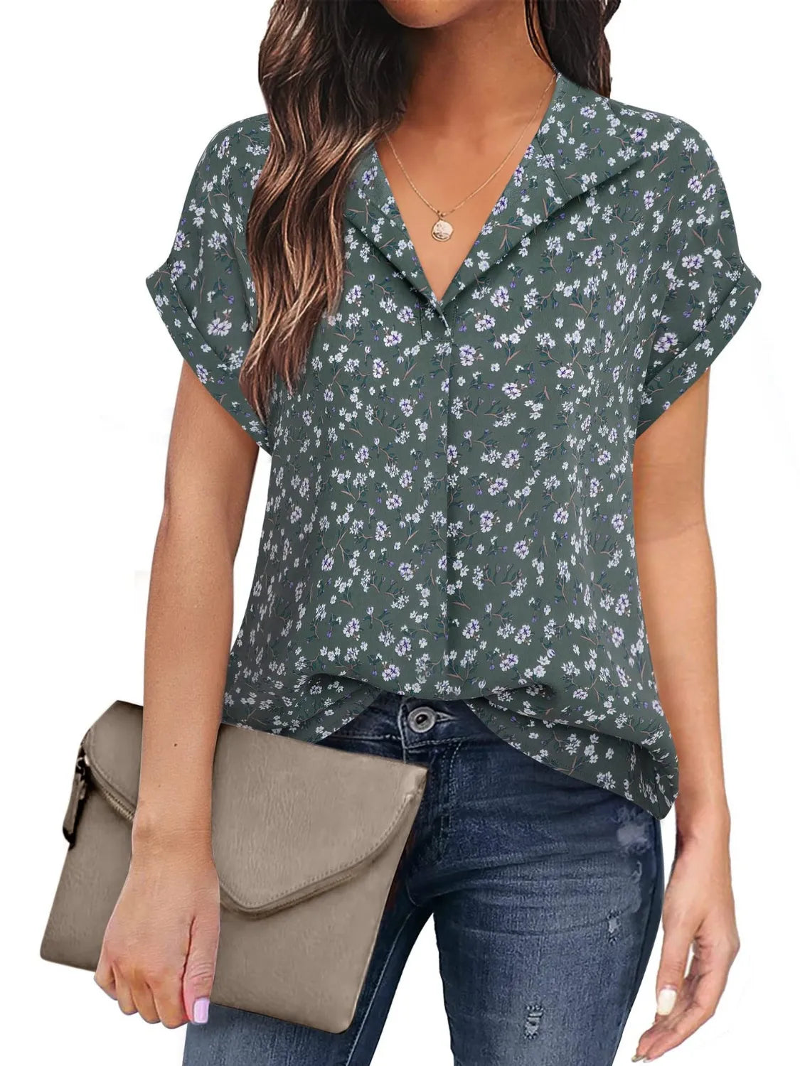 Ruched Round Neck Short Sleeve Top – Pretty Chique Women’s Summer Blouse - Floral -