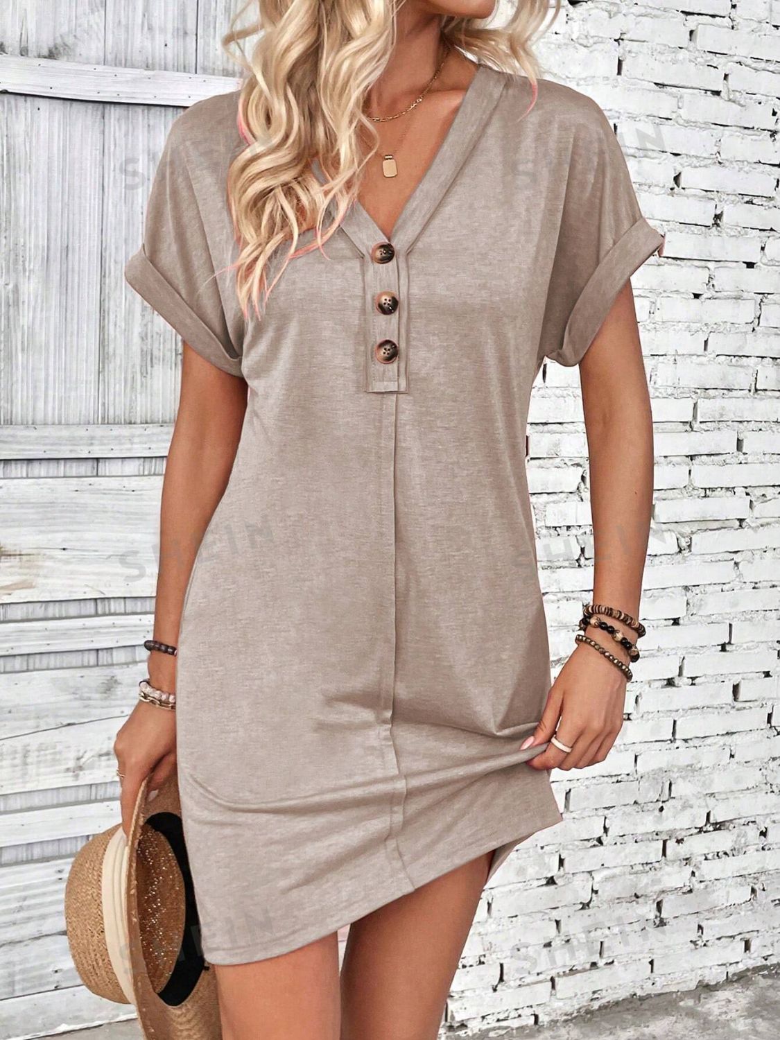 Quarter Button V-Neck Short Sleeve Dress - -