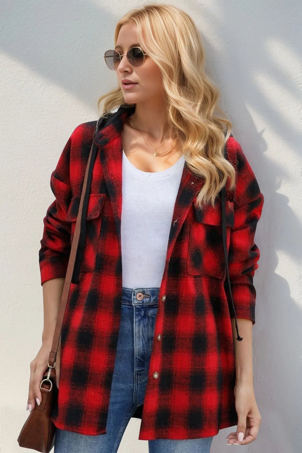 Double Take Drawstring Plaid Long Sleeve Hooded Shacket – | Shannon’s Chique Boutique