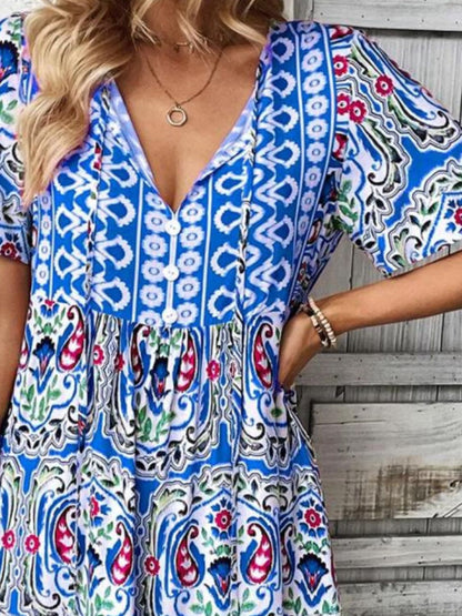 Printed Tie Neck Short Sleeve Dress - -