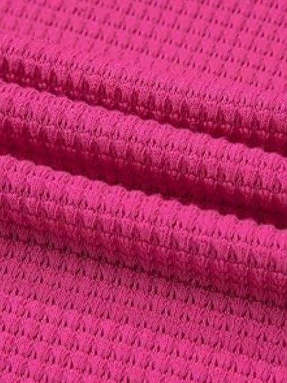 Drawstring Waffle-Knit Short Sleeve Hooded Top - -