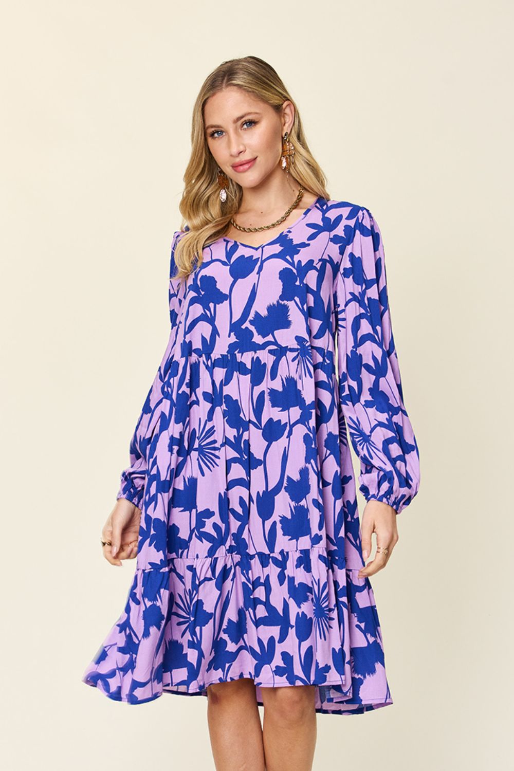 Double Take Full Size Printed Ruffle Hem Dress with Pocket - Lavender -
