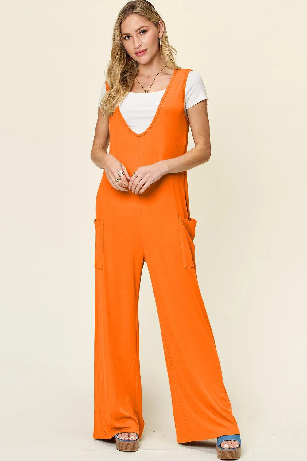 Double Take Full Size Sleeveless Wide Leg Jumpsuit with Pockets - Tangerine -