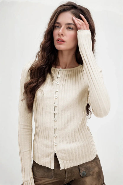 Basic Bae Texture Button Up Round Neck Long Sleeve Top - Beige -