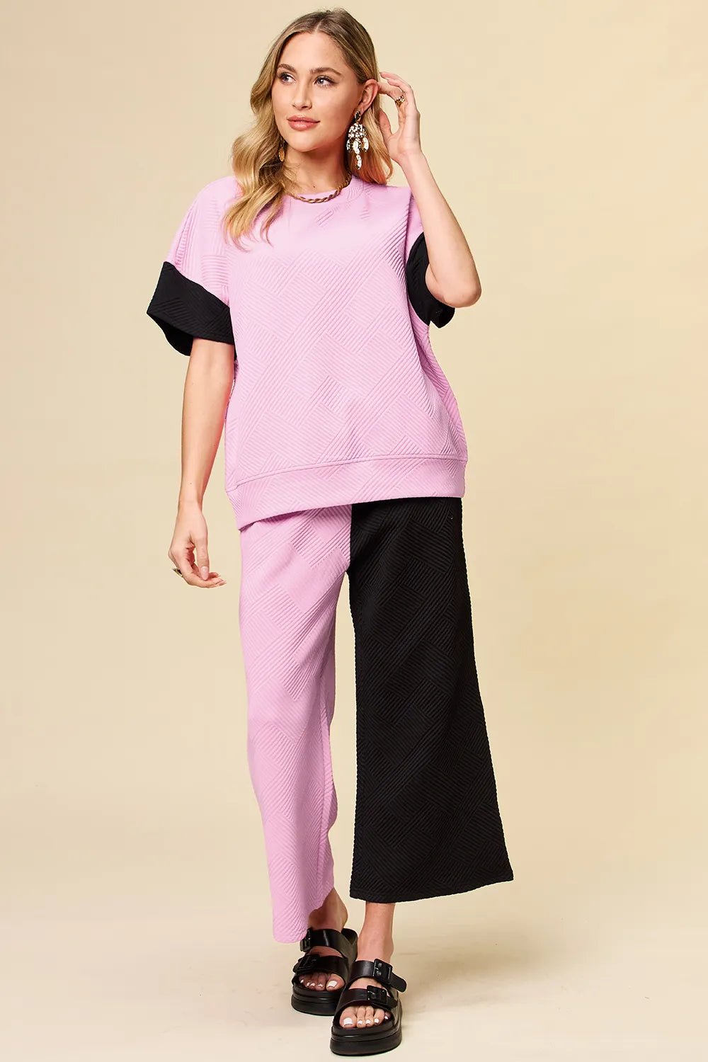 Double Take Full Size Texture Contrast T-Shirt and Wide Leg Pants Set - Pink -