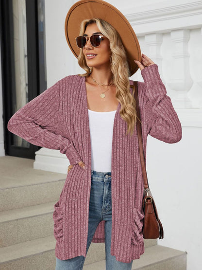Pocketed Open Front Long Sleeve Cardigan - Plum -