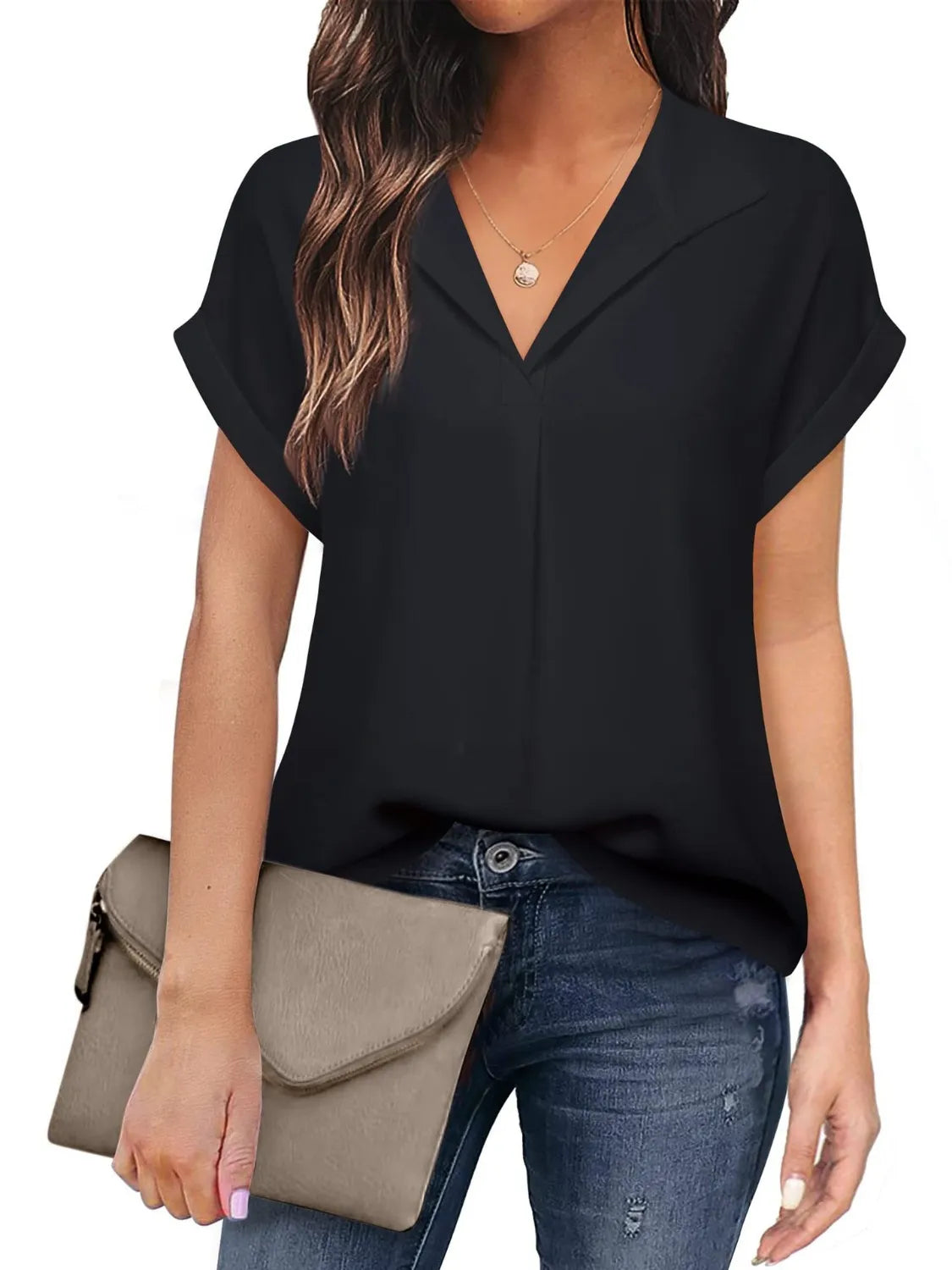 Ruched Round Neck Short Sleeve Top – Pretty Chique Women’s Summer Blouse - Black -