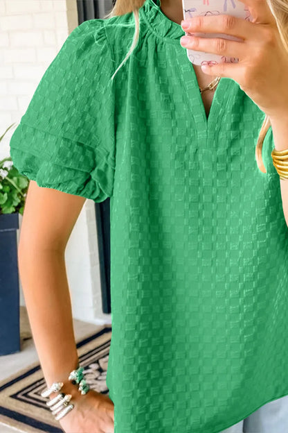 Oh Full Size Frill Notched Puff Sleeve Blouse - -