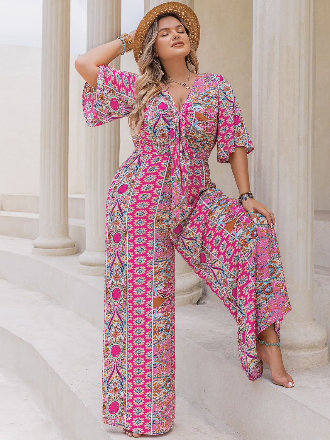 Plus Size Printed Half Sleeve Wide Leg Jumpsuit - -