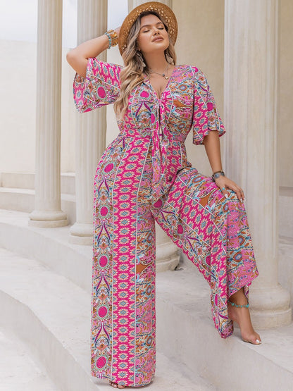Plus Size Printed Half Sleeve Wide Leg Jumpsuit - -