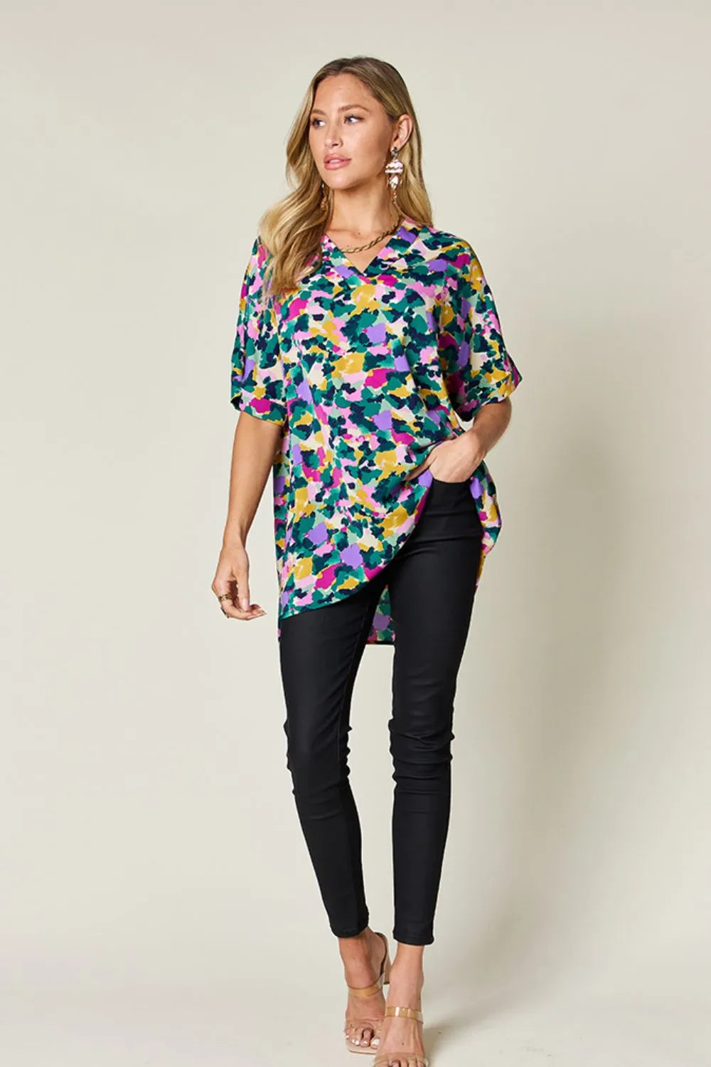 Double Take Full Size Printed V - Neck Short Sleeve Side Slit Top – | Shannon’s Chique Boutique