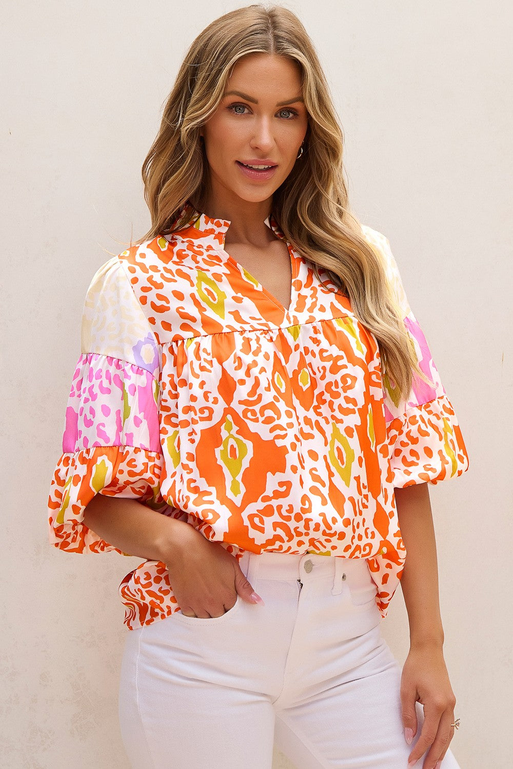 Printed Notched Half Sleeve Blouse - -