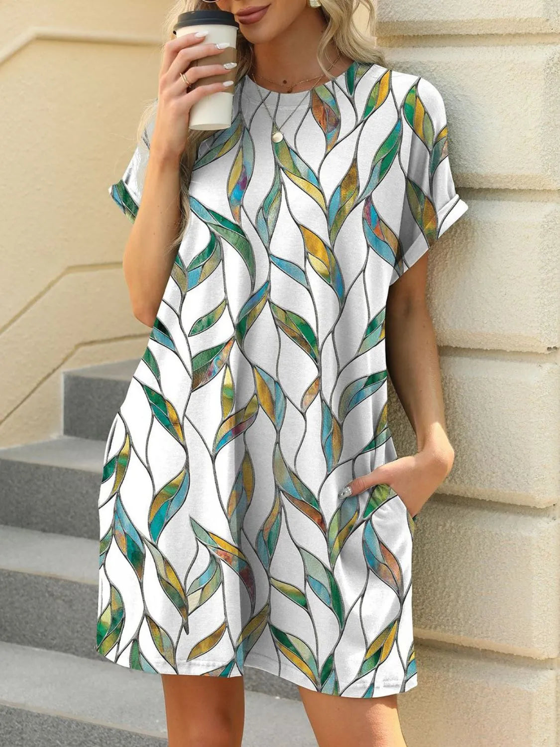 Printed Mini Dress – Pretty Round Neck Summer Chique - Turquoise -