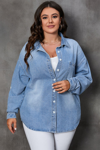Plus Size Button Up Pocketed Denim Top - Medium -