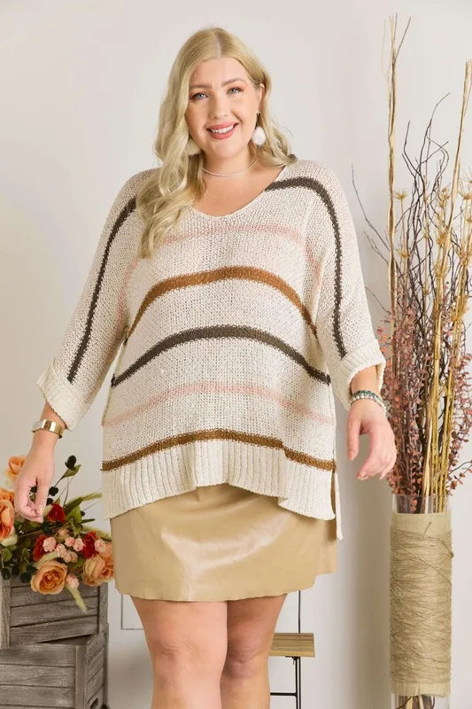 ADORA Full Size Multi Color Strip Sweater Plus Size - -