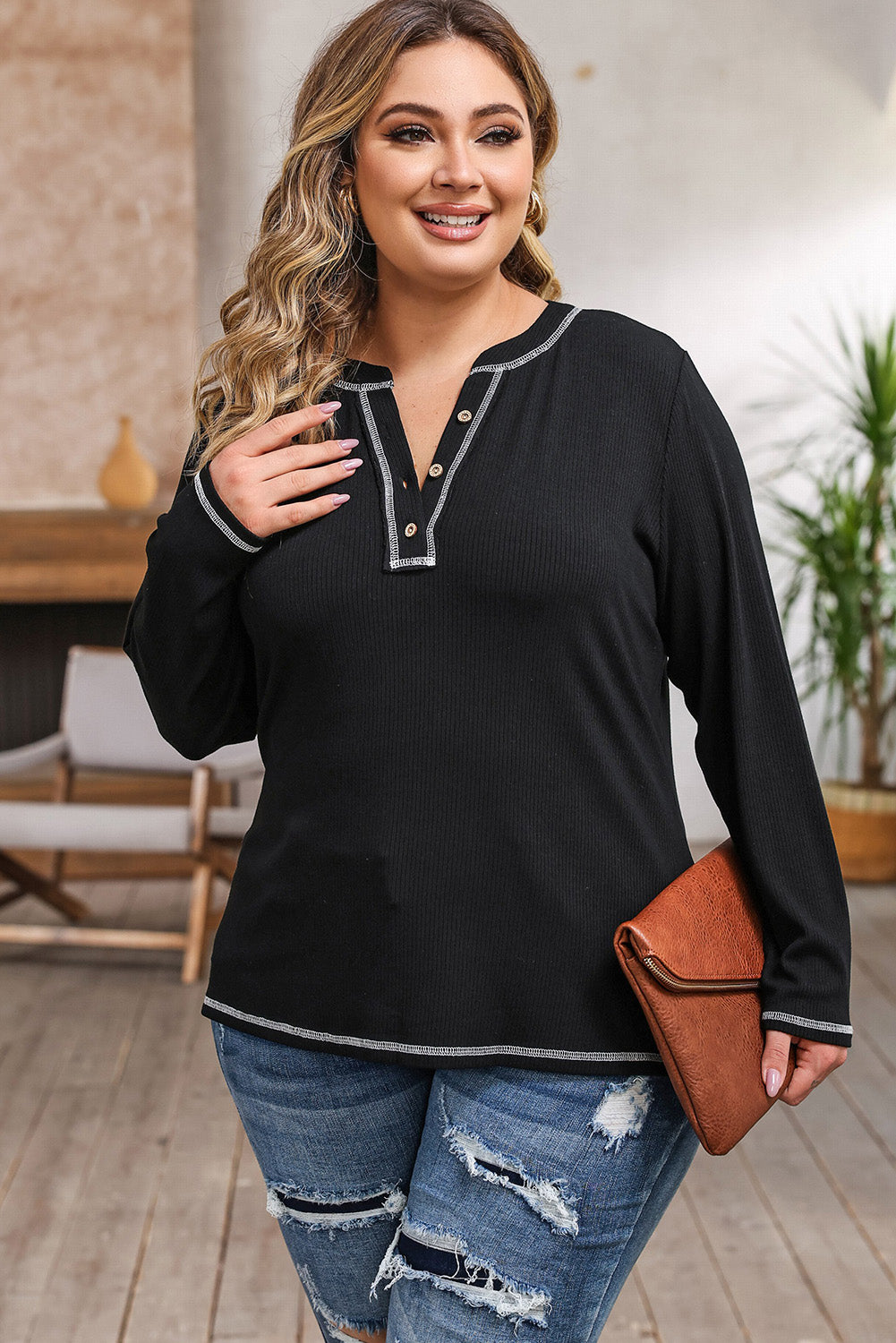 Plus Size Notched Neck Long Sleeve T-Shirt - -