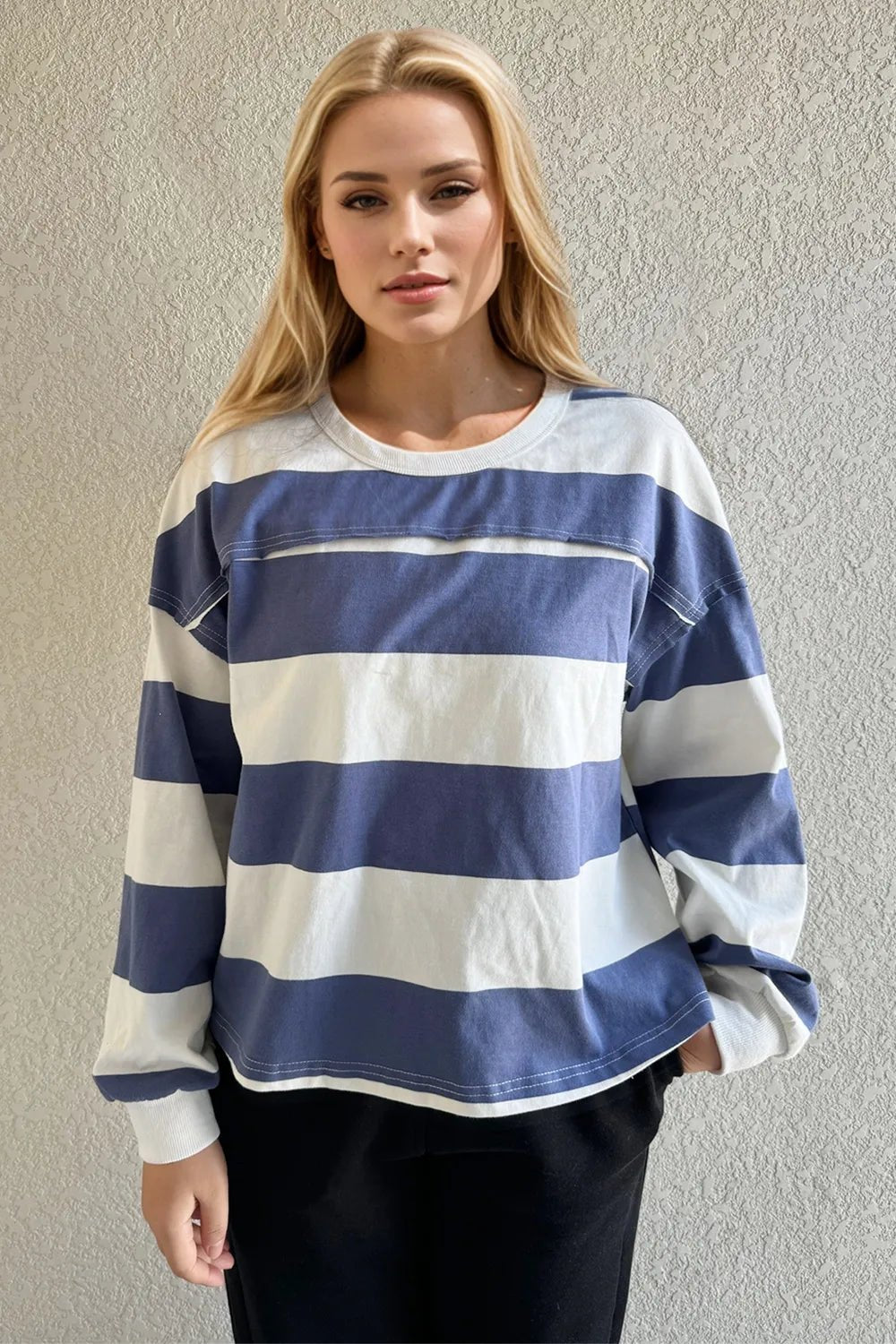 Oh Pima Cotton Wash Exposed Seam Contrast Striped Round Neck Long Sleeve T-Shirt - -