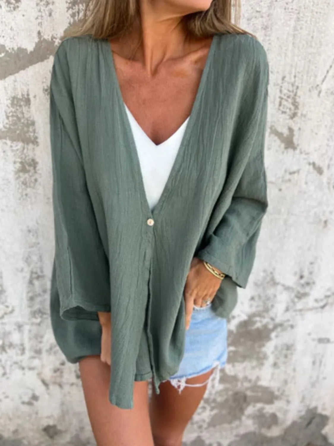 Full Size One Button Long Sleeve Shirt Plus Size - -