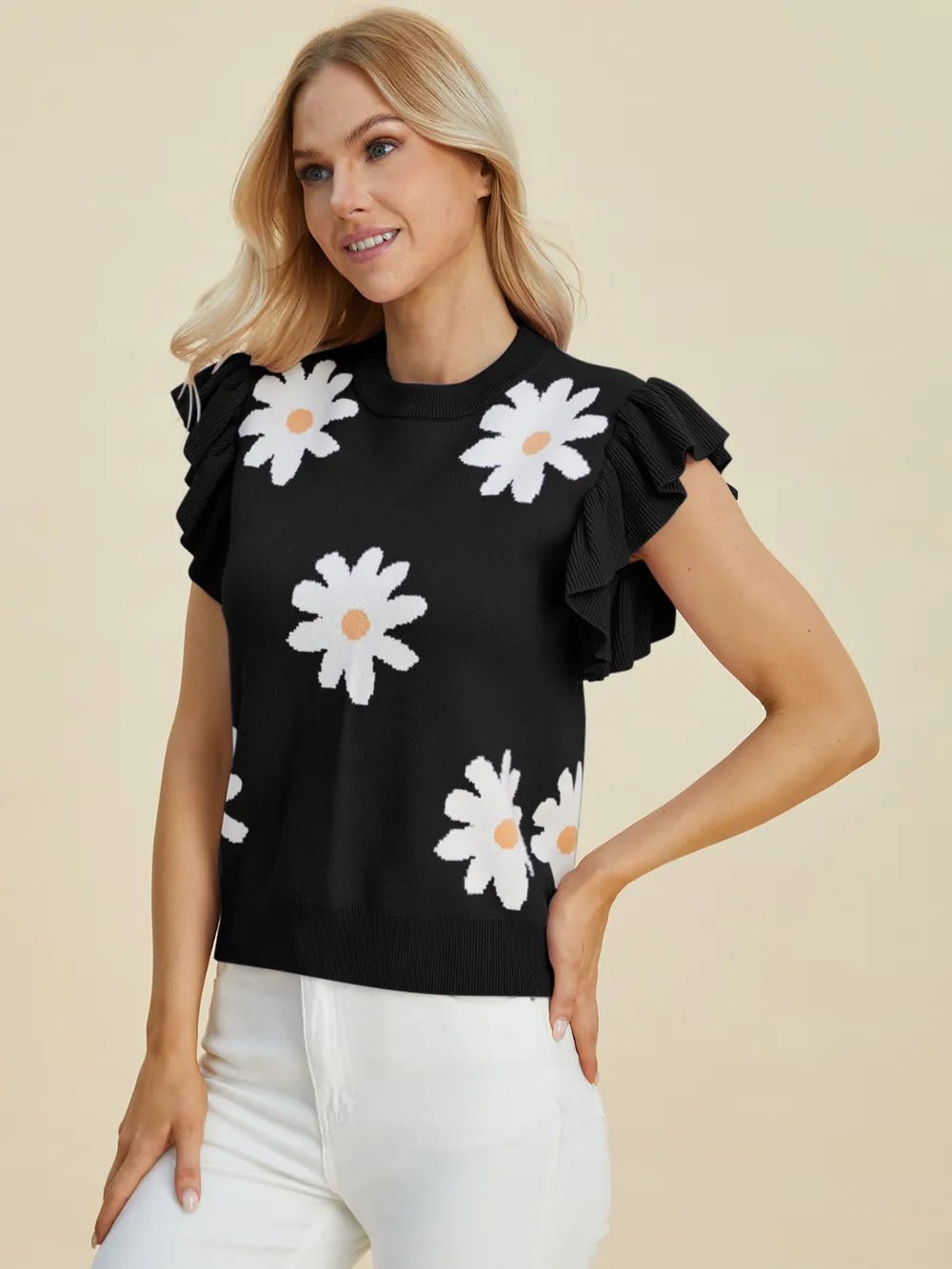 Double Take Full Size Ruffled Flower Round Neck Cap Sleeve Sweater – | Shannon’s Chique Boutique