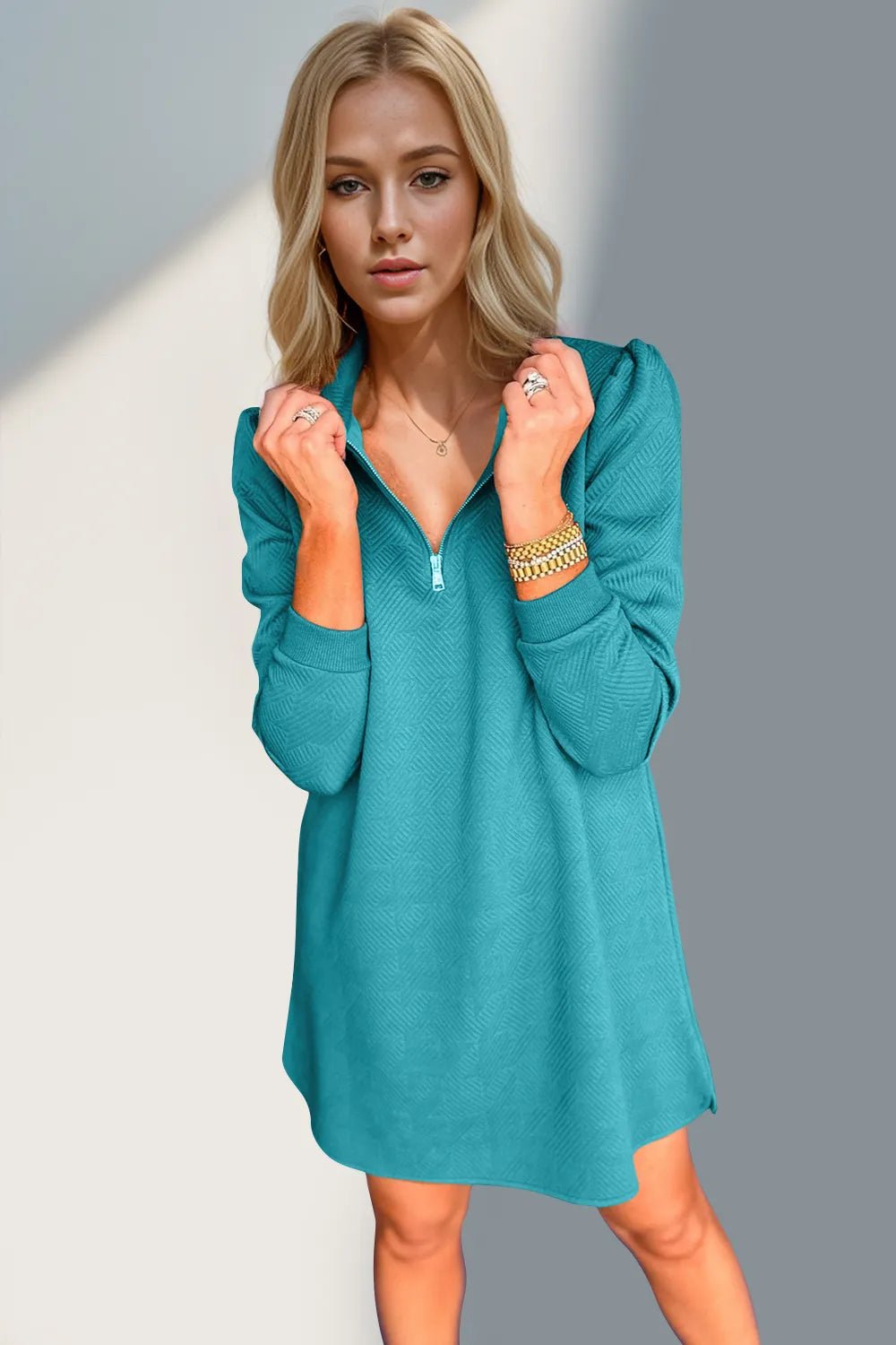 Double Take Textured Quarter Zip Long Sleeve Dress - -
