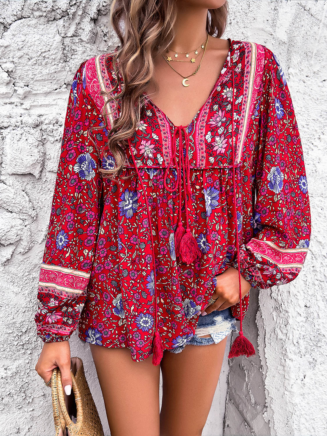 Devine Printed Tie Neck Long Sleeve Blouse - -