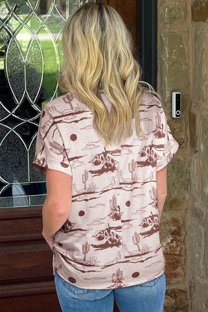 Printed Round Neck Short Sleeve T-Shirt - -