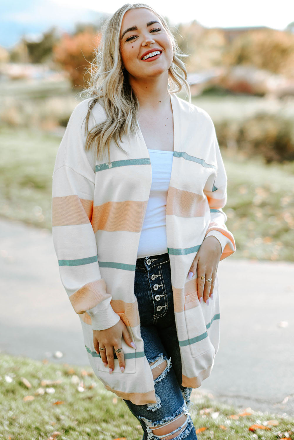 Plus Size Striped Open Front Cardigan - -
