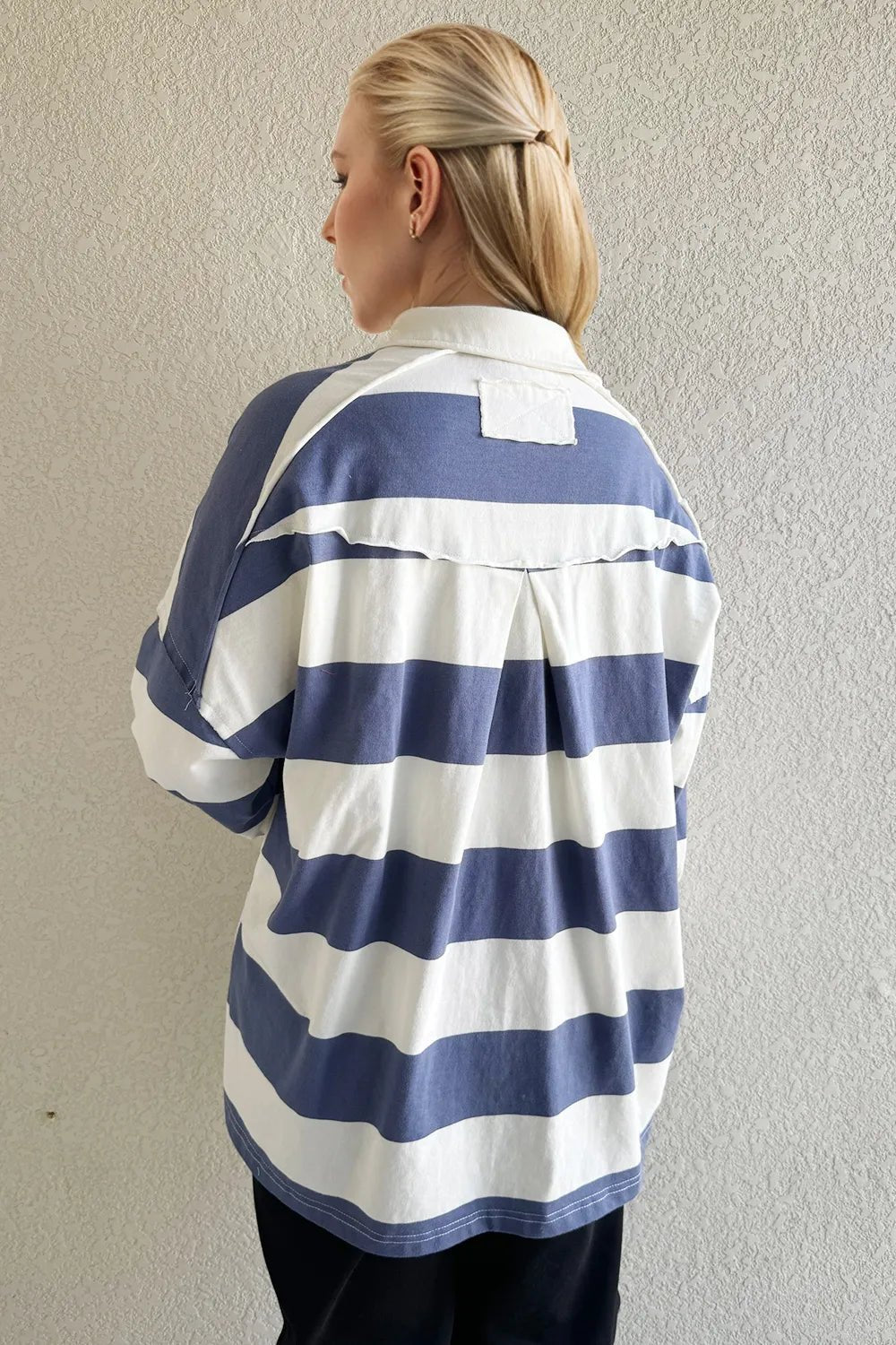 Oh Pima Cotton Wash Wide Striped Collared Neck Long Sleeve Top - -