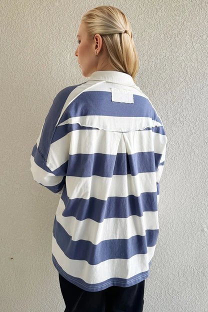 Oh Pima Cotton Wash Wide Striped Collared Neck Long Sleeve Top - -